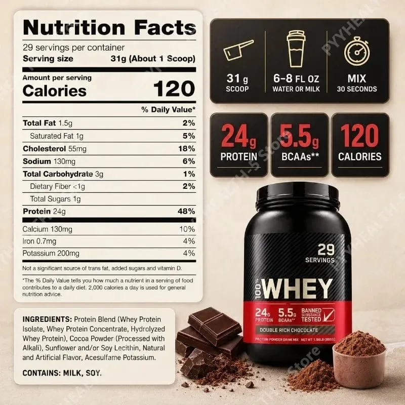 Whey Protein Powder Double Rich Chocolate 24g Protein Muscle Recovery Fitness Nutrition Support Gluten Free 899g 29 Servings — image 3
