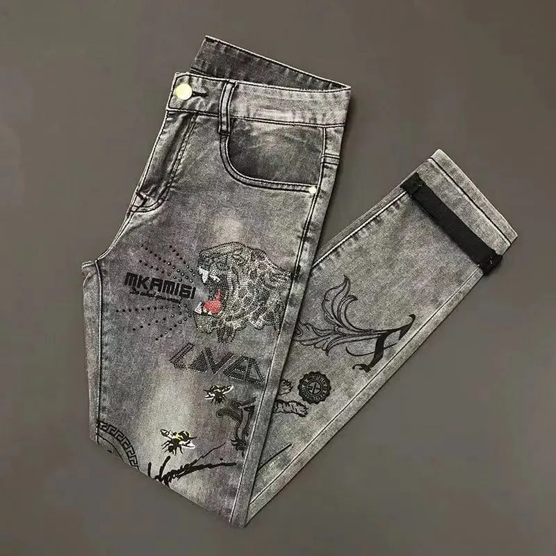 High-end Hot Diamond Jeans Men's Spring and Autumn Tide Brand Slim-fitting Small Feet Tiger Print Gray Casual Men Trousers Man — image 2
