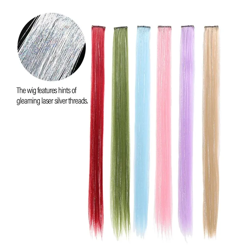 BB Clip in Synthetic Hair Extensions with Laser Silver Threads Colorful Shiny Hair Pieces for Party Daily Use No Damage