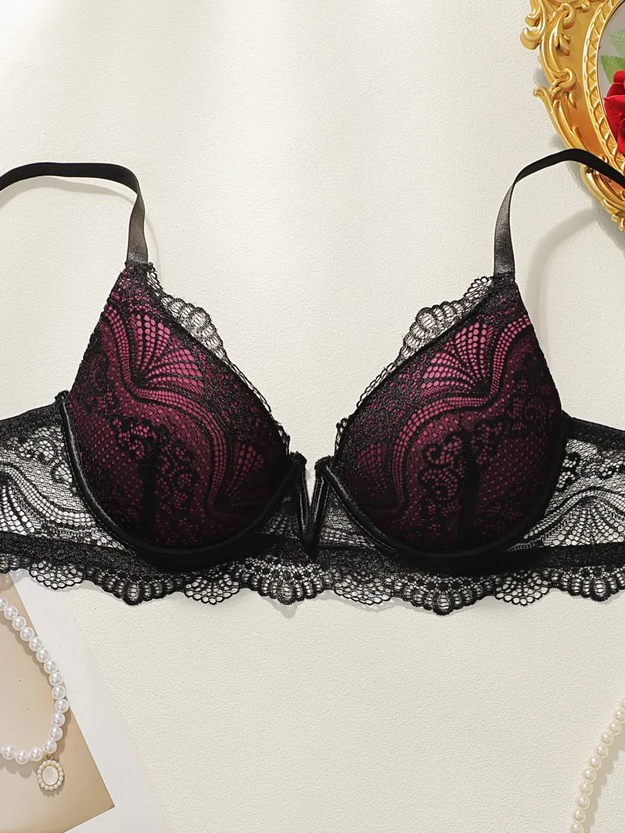 Ladies' elegant perspective deep V-ring bra with full coverage and lifting semi lace texture pure black low cut underwear L093