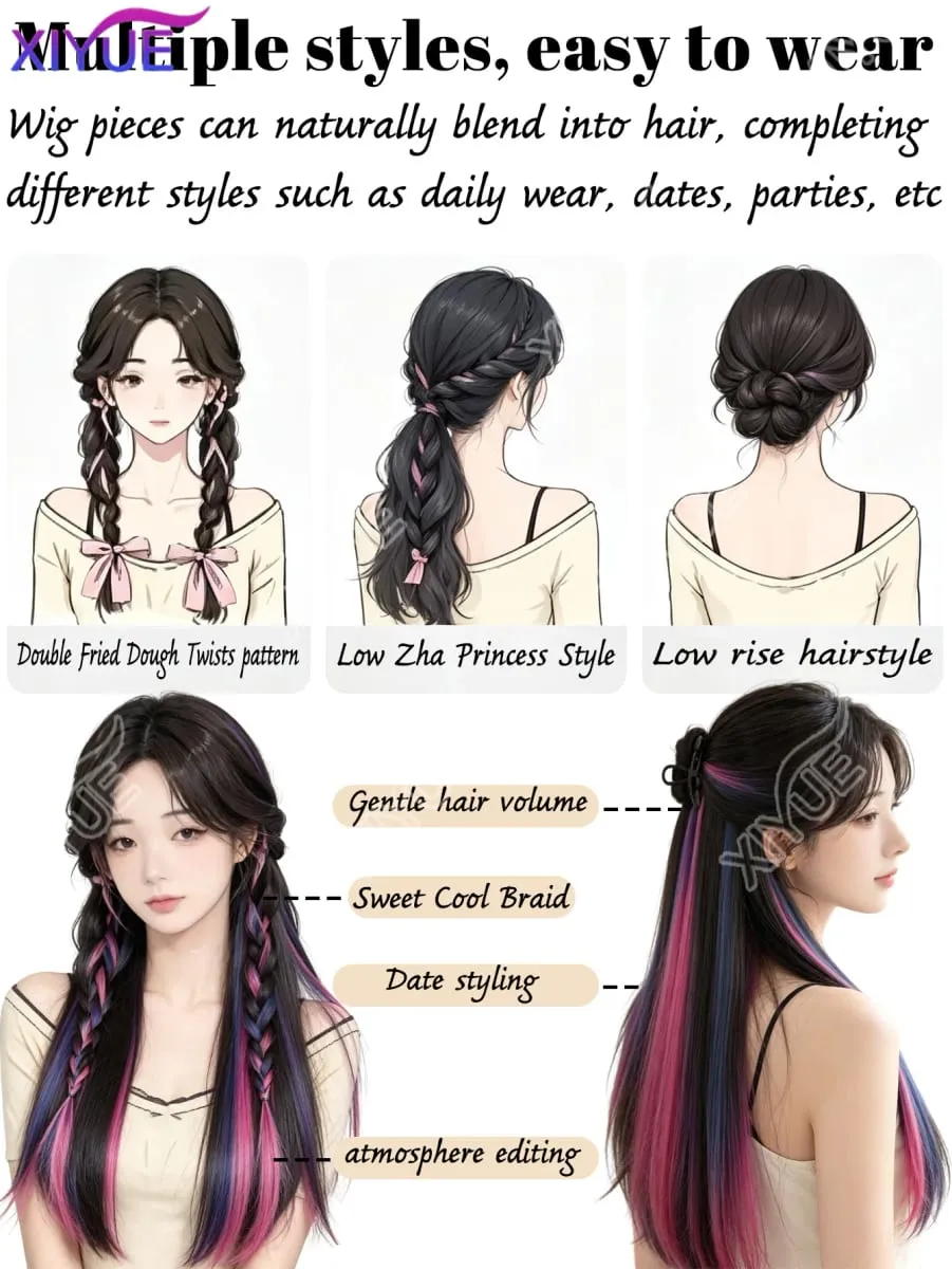 XY Hair Extensions 2pcs/pack Straight Extensions Multi-Colors Highlights Synthetic Hair Rainbow Hairpieces for Girls Halloween — image 6