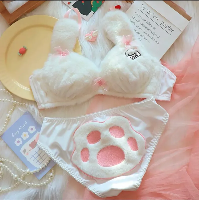 Cute Cat Paw Plush Lingerie Set for Women Warm Winter Bra & Panty with Ears Comfortable Kawaii Underwear — image 25