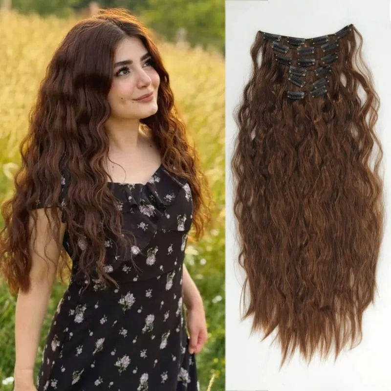 6PCS Clip In Hair Extensions 24" Black Brown Hair Extension Long Mermaid Waves Synthetic Clip On Hairpiece For Women — image 14