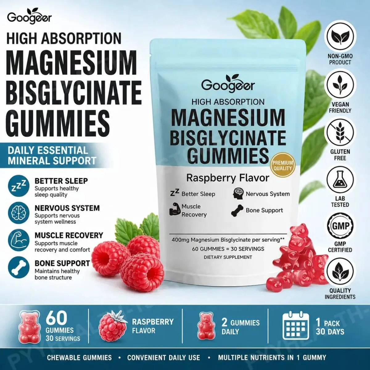 Magnesium Bisglycinate Gummies for Bone Muscle Sleep Support Nervous System Wellness with Vitamin D3 and Zinc 60 Gummies — image 1