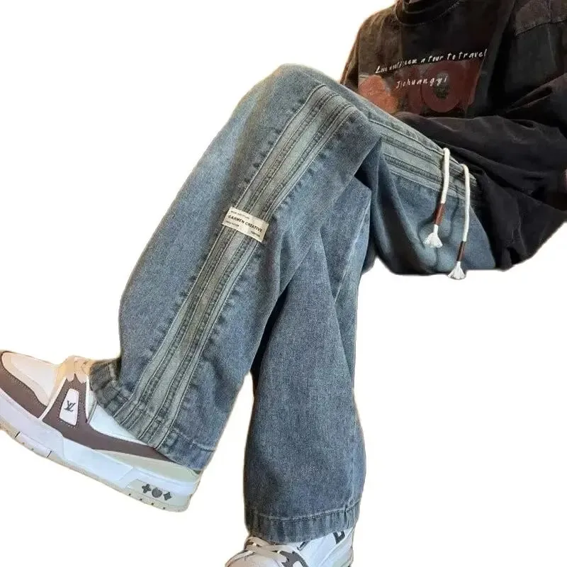 Three bar American retro jeans men's spring and autumn new style high street elastic waist loose casual men's straight leg long — image 5