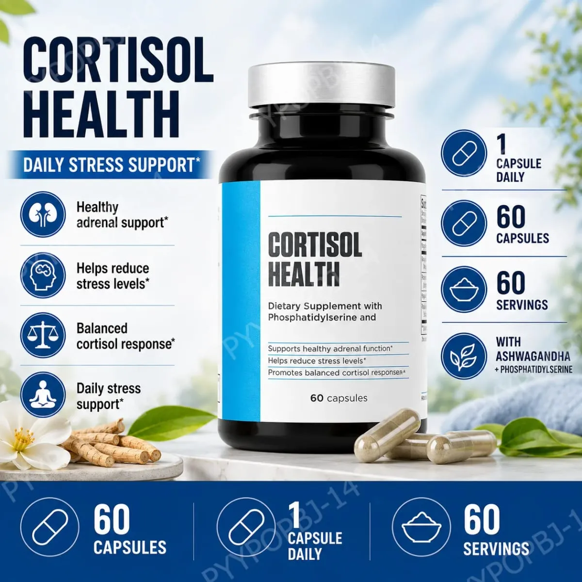 Cortisol Health Capsules with Phosphatidylserine Magnesium 60 Capsules Non-GMO Daily Calm Sleep Support for Adults Men Women — image 2