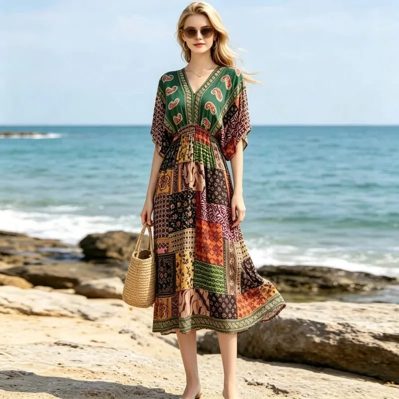 Boho Holiday Women V-Neck Batswing Short Sleeve A-Line Midi Dresses Slim Elastic Waist Casual Vintage Office Lady Elegance Dress — image 19