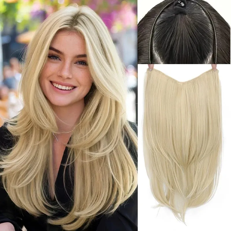22Inch Synthetic V-Shaped Long Straight Layered Hair Extension Fluffy Increase Natural Invisible Hairpiece Wig for Women — image 14