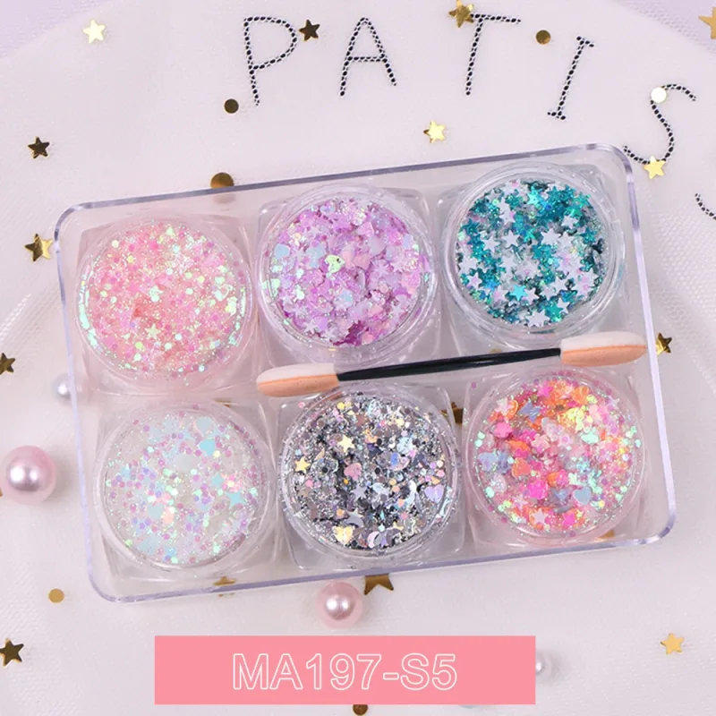 6Jar/set Holographic Body Glitter Gel Chunky Face Eye Heart Star Shaped Sparkle Glitter Sequins Makeup Nail Festival Party Decor