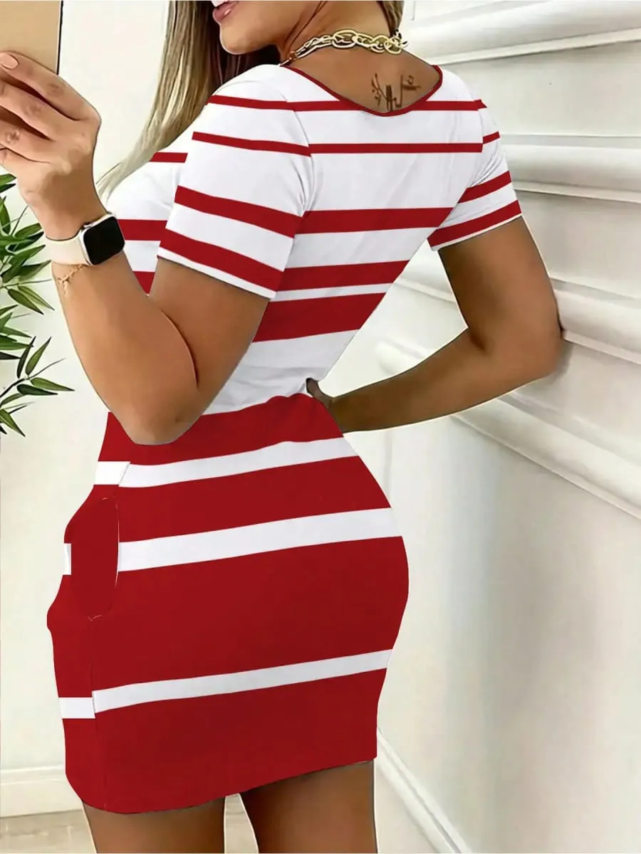 Elegant Casual round Neck Solid Color Striped Color Block Pocket Short Sleeve Mini Skirt Long Dress Comfortable — image 2