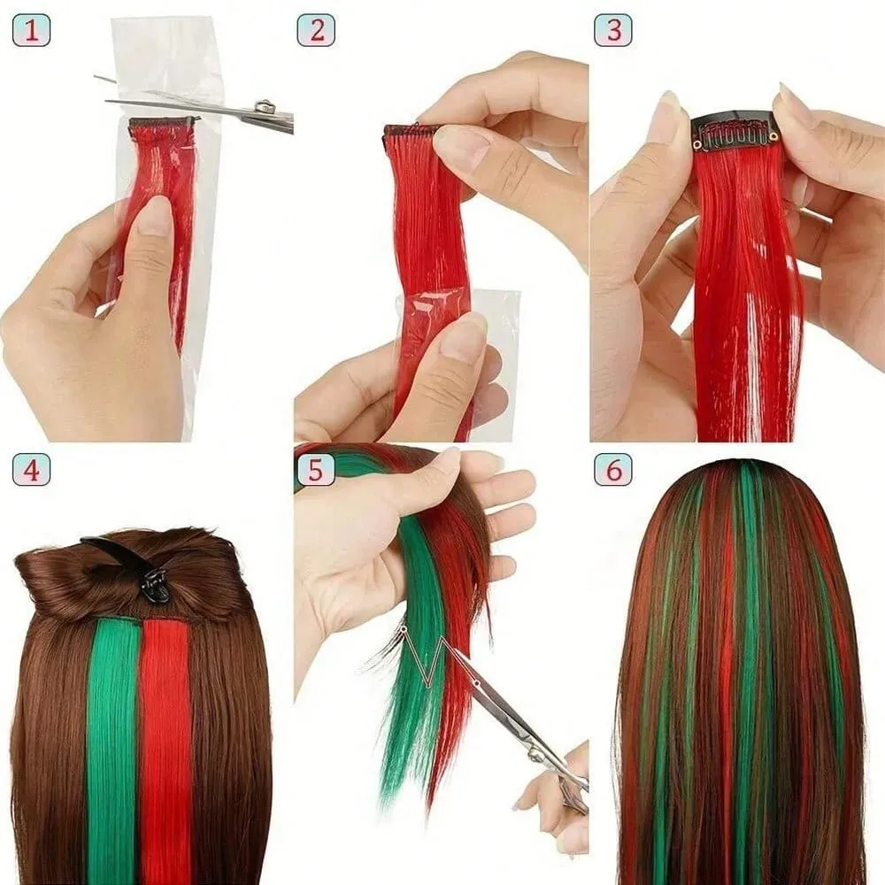 Synthetic 10Pcs Colored Party Highlights Clip in Hair Extensions for Girls Multi-colors Straight Hair Hairpieces for Daily Use