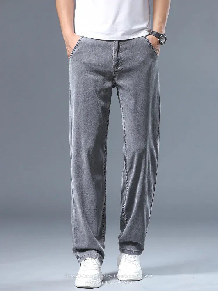 Summer Thin Men's Loose Straight Jeans Lyocell Soft Drape Business Casual Trousers Smoke Gray Ice Silk Pants Plus Size 40 42 — image 5