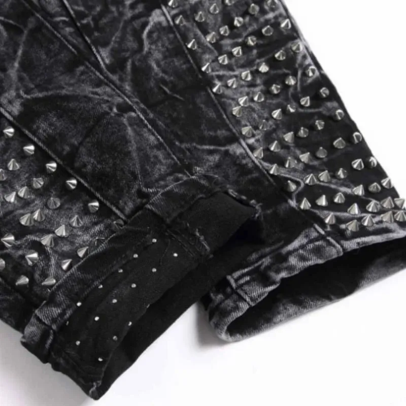 2025 Empat Musim Baru Retro Punk High Street Bergaya Hitam Dicuci Lapuk Pelangsingan Badan dan Willow Nail Lapuk Seluar Jeans Lelaki