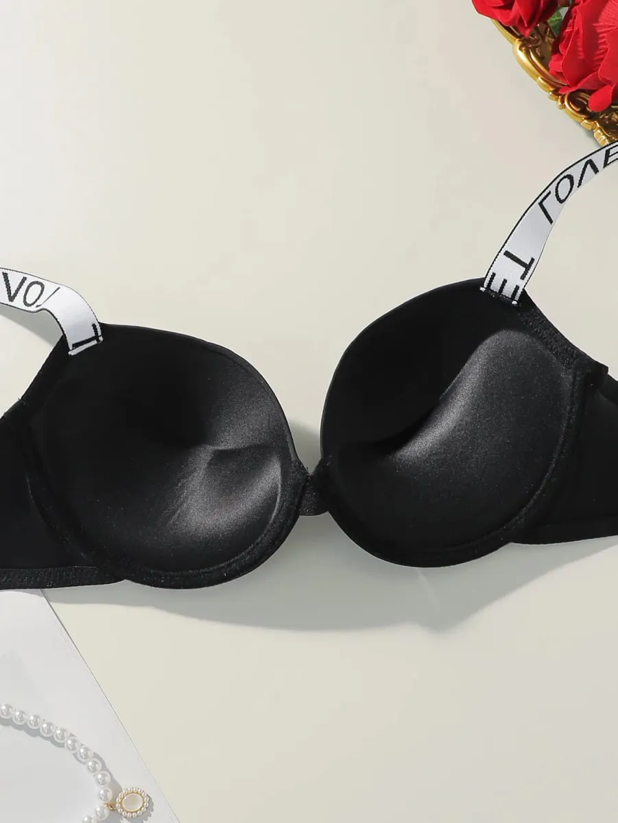 Viomisha Popular Sexy Letter Underwire Push Up Bra Lingerie Set for Women 2 Piece Solid Underwear Comfort Knit Strap — image 4