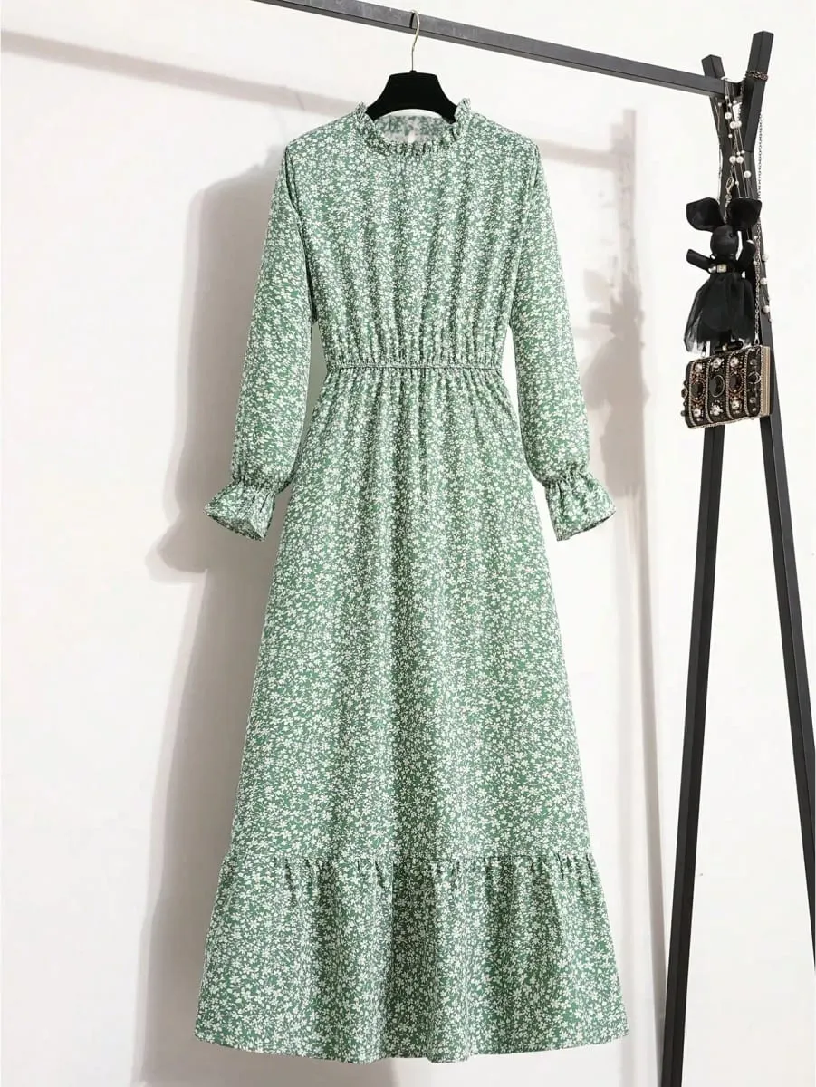 Women's Loose Midi Dress 2026 Casual 100% Polyester Ditsy Floral Print Long Sleeve with Ruffle Neck Elastic Waist & Ruffle Hem — image 2