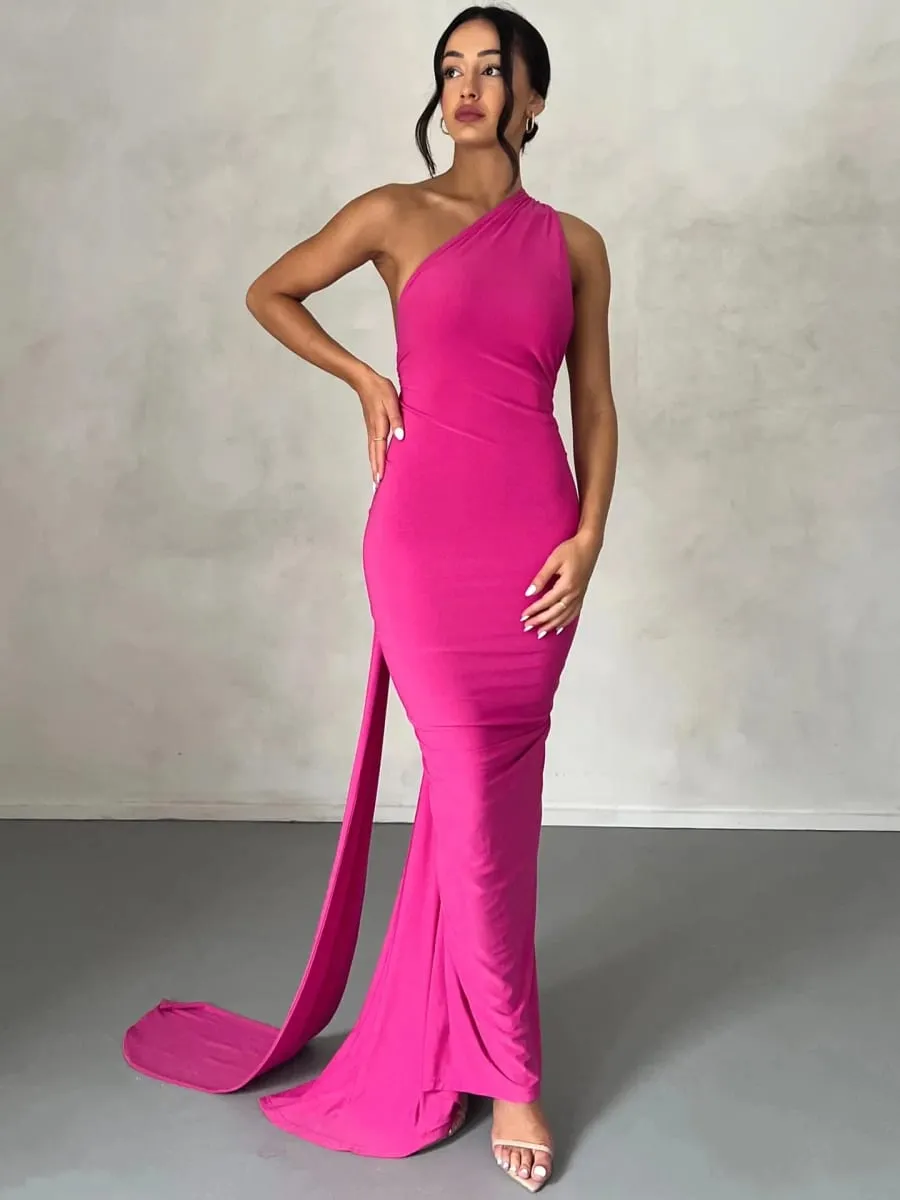 Women's One-Shoulder Sleeveless Maxi Dress Adjustable Scarf Loop Ruched Backless Bodycon Festival Party Outfit Elegant Long Gown