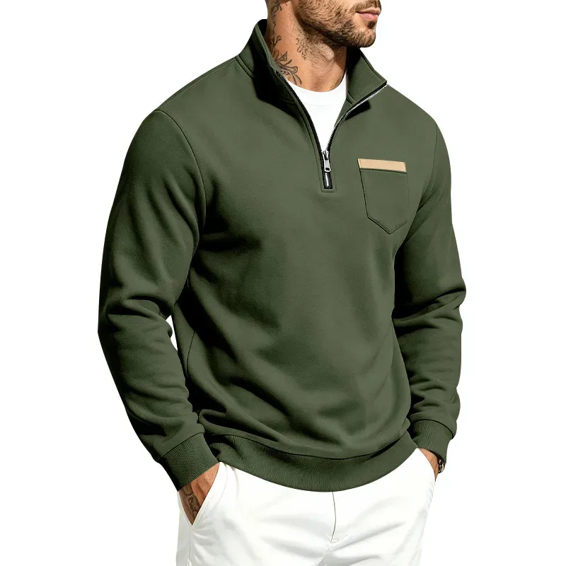 Men 2026 Autumn Winter Hot Item Fleece Lined Stand Collar Loose Vintage Sweatshirt Casual Commuter Fashion Male Daily Outerwear