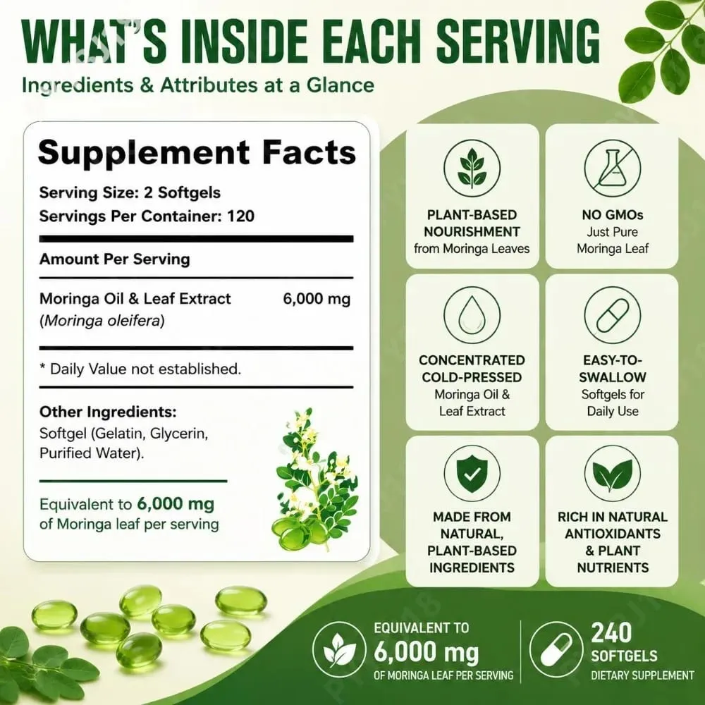 Moringa Leaf Softgels 6000 Mg Equivalent Per Serving for Daily Relaxation Natural Energy Vitality & Comfort Support 240 Softgels — image 4