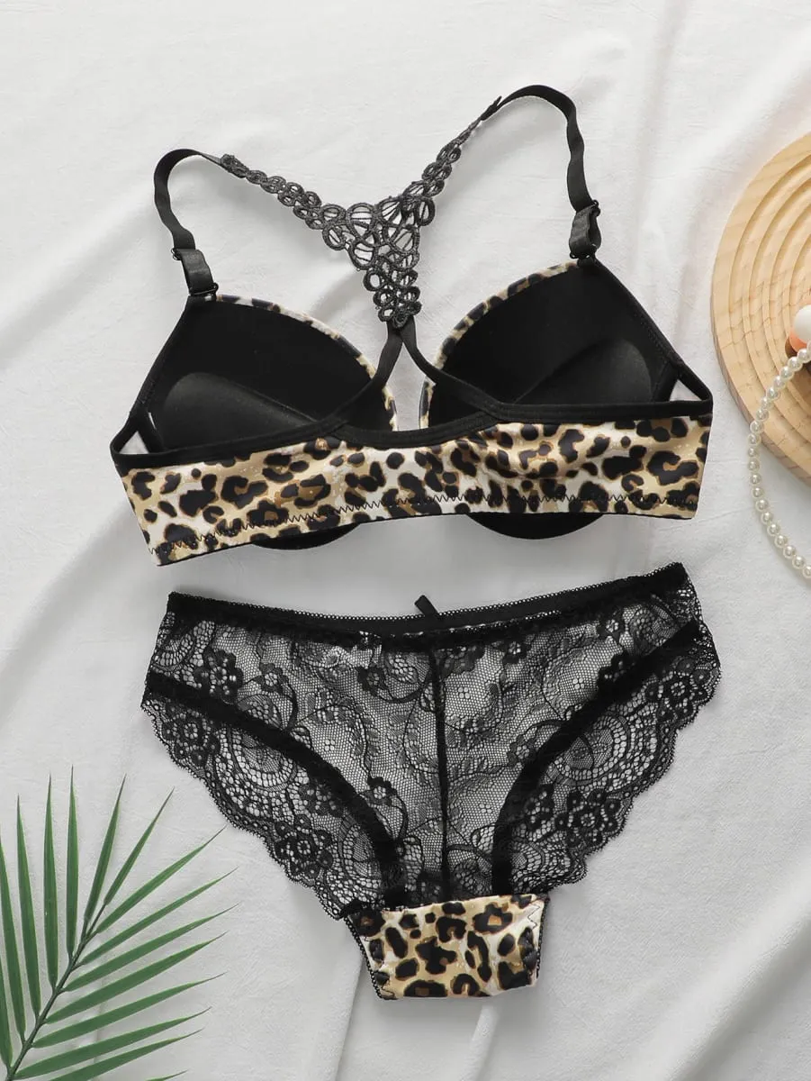 Set reggiseno con chiusura frontale con stampa leopardata e set di lingerie push up con ferretto per donna Bralette sexy in pizzo e slip in due pezzi — image 2