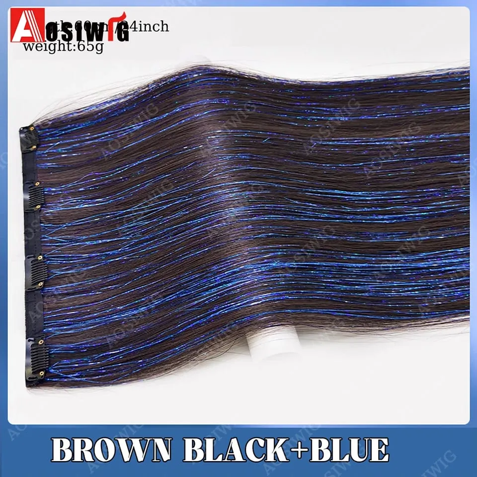 Blue Glitter Tinsel Clip in Hair Extensions One Piece Straight Synthetic Hairpiece with Sparkle Strands for Women Party Daily — image 10
