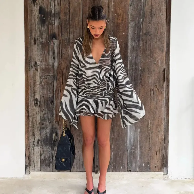 Women's Zebra Print Long Sleeve Mini Dress Zebra Print Long Sleeve Mini Dress Party Club Zebra Print Ruffle Dress Summer 2026