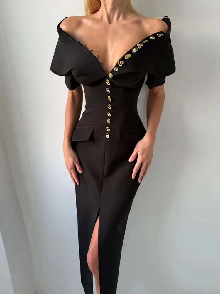 Chic Single Breasted Women's Dress Short Sleeve Slim Female Long Dresses 2026 Spring Summer Elegant Party Front Split Lady Robe — image 4