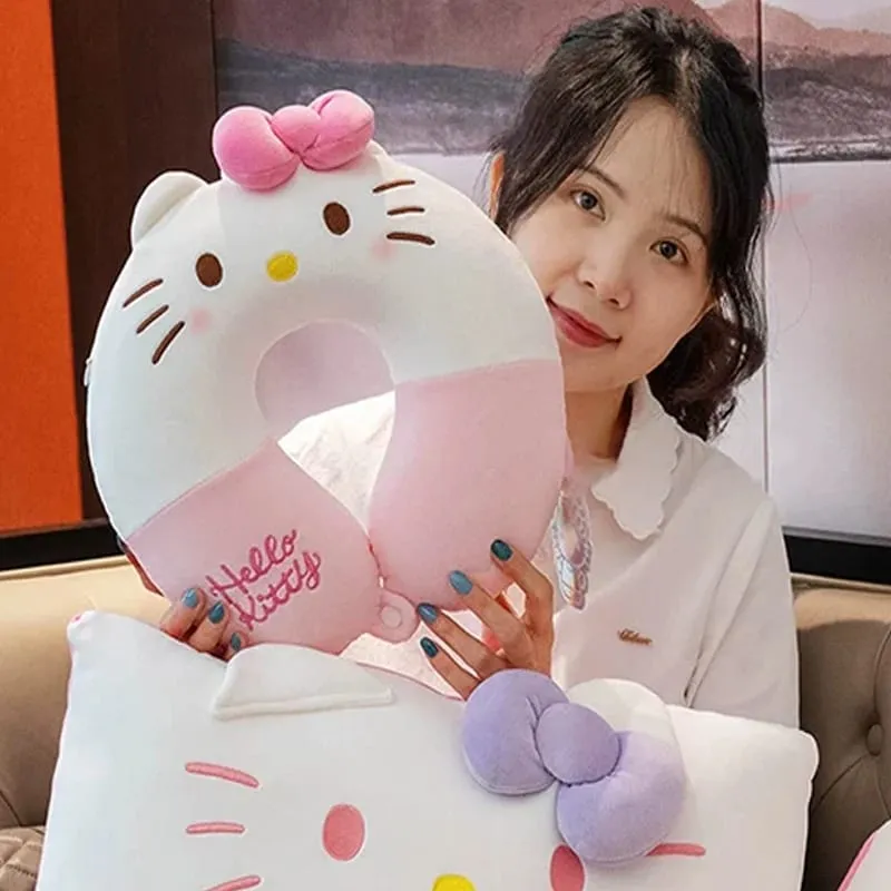 Sanrio 귀여운 U 자형 목 베개 헬로 키티 Purin Pochacco 휴대용 ​​낮잠 베개 목 지원에 적합 Kuromi 플러시 장난감