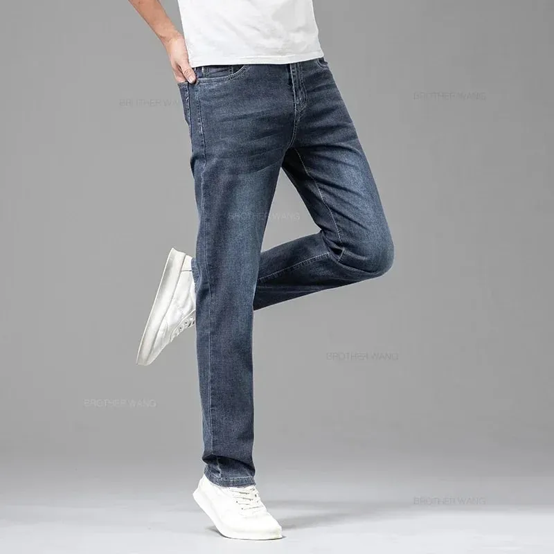 Zomermerk Heren Fit Rechte lichtgewicht katoenen stretchjeans Business Casual Hoge taille Dunne lichtgrijze jeans herenbroek
