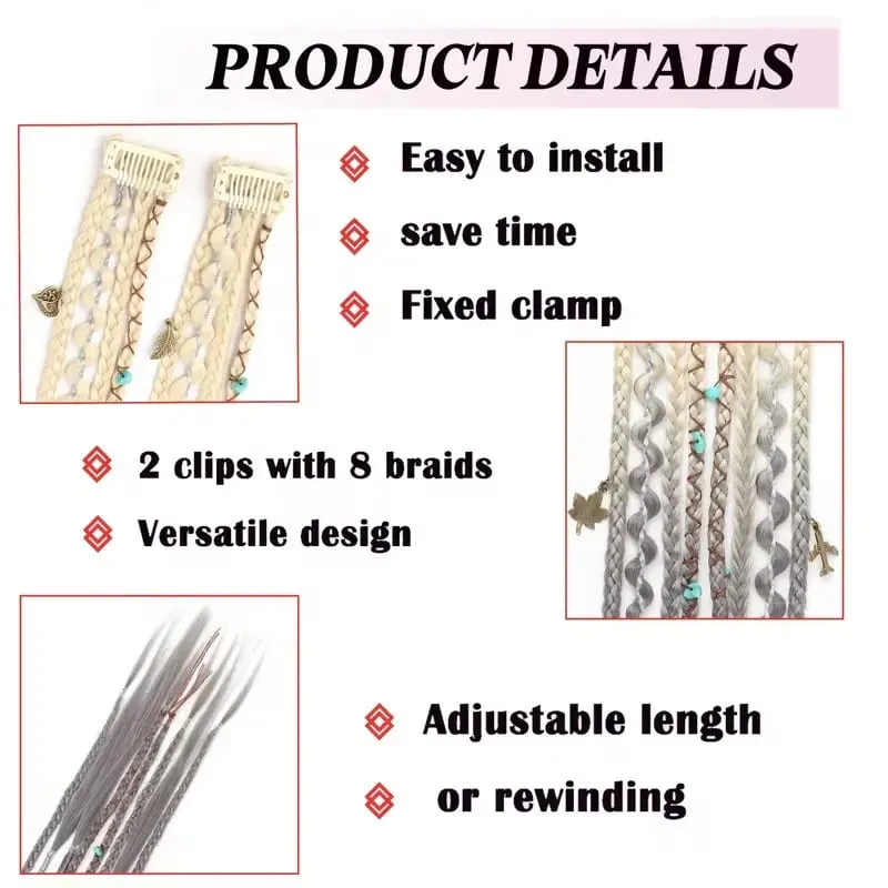 2PCS Synthetic 20Inch Bohemian Braided Ponytail Hair Extensions With Metal Charms Brown Mix Burgundy Handmade Box Braid Ponytail — image 5