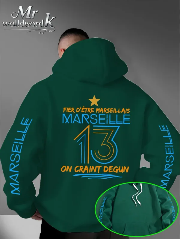 Men Marseille 13 City Graphic Hoodie Multi‑Print Sleeve Back Letter Hooded Sweatshirt Autumn Winter Fleece Loose Hoodie — image 3
