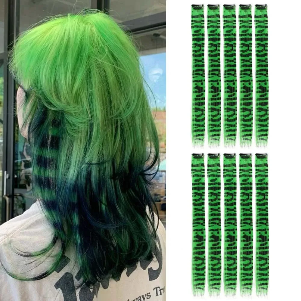 10pcs/set Stripe Printed Hair Colorful Long Straight Hair Pieces Synthetic Clip-in Hair Extensions for Daily Use Party Halloween