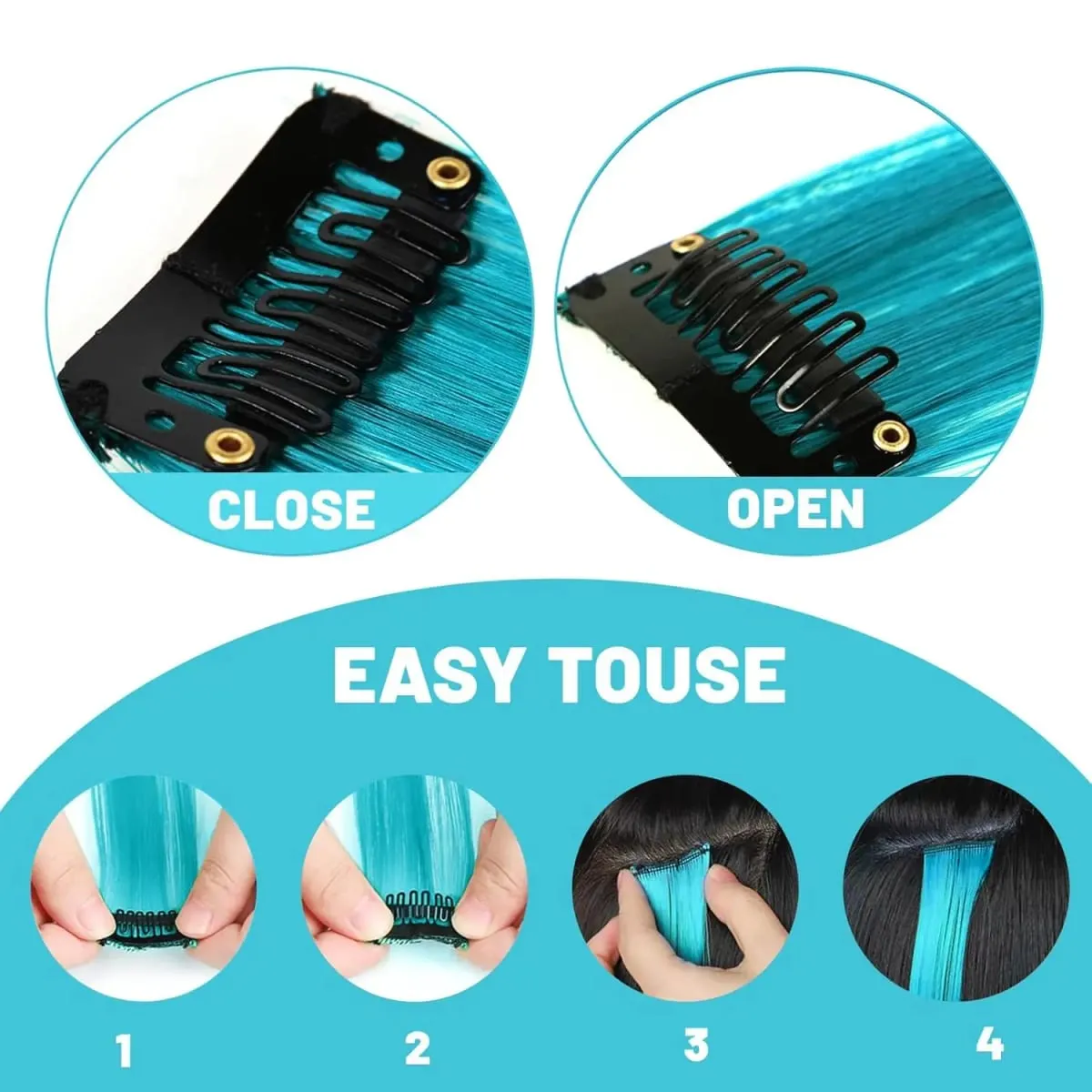 22 inch Colored Hair Extensions Light Blue Party Highlights Clip in Synthetic Hair Extensions Color Party Straight Hairpieces