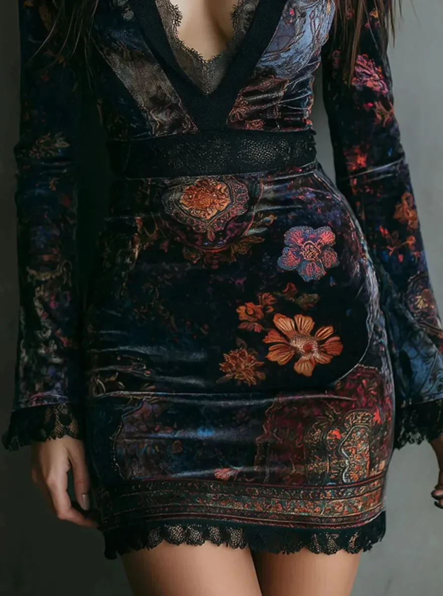 Velvet Flroal Printed Lace Patchwork Slim Mini Dress Long Sleeve Sexy V-neck Gothic Retro Women's Autumn Vintage Dress 2025 — image 5