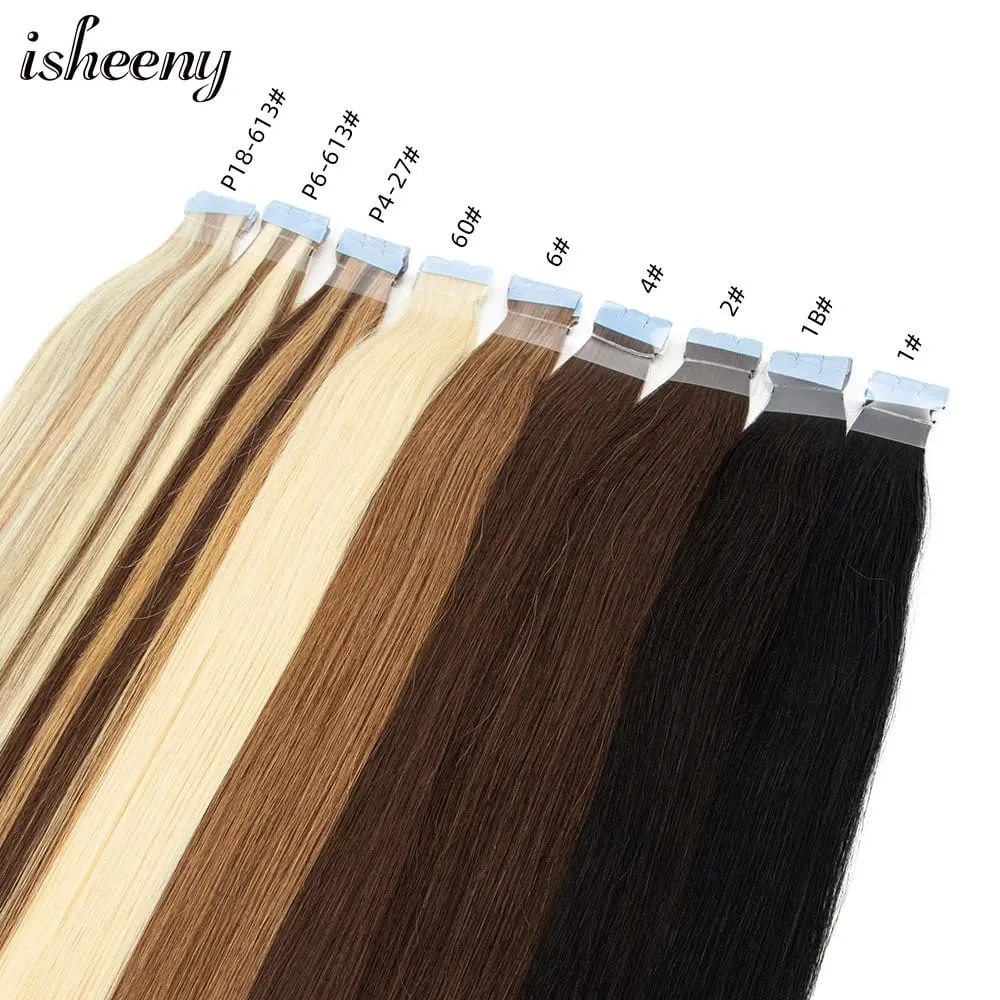 Isheeny 12"-20" Mini Tape Hair Extensions Machine Remy Skin Weft Adhesive Tape In Human Hair Natural Black Brown Blonde 10pcs