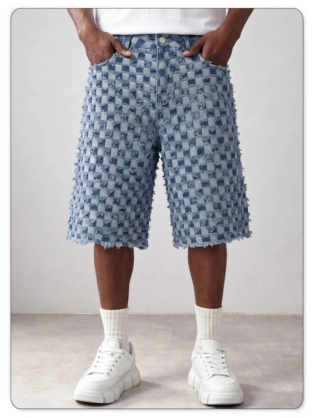 Men Fringe Checkerboard Jacquard Jean Shorts Casual Loose Wide Leg Raw Hem Knee Length Shorts Summer Bermuda Jeans — image 6