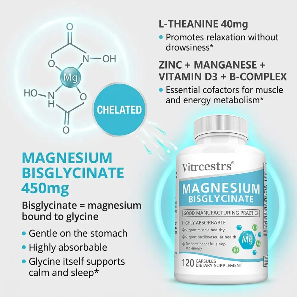 Magnesium Bisglycinate Capsules 450mg Daily Mineral Supplement Support Muscle Joint Cardiovascular and Digestive Body Wellness — image 4