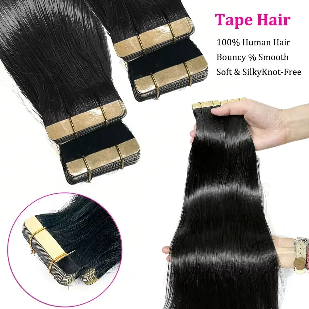 16-22 Inch Tape In Hair Extensions Human Hair Seamless Invisible Remy Hair Extensions Tape Ins For Women Brazilian Natural Black 21Pcs 50g 100% Human Hair — image 4