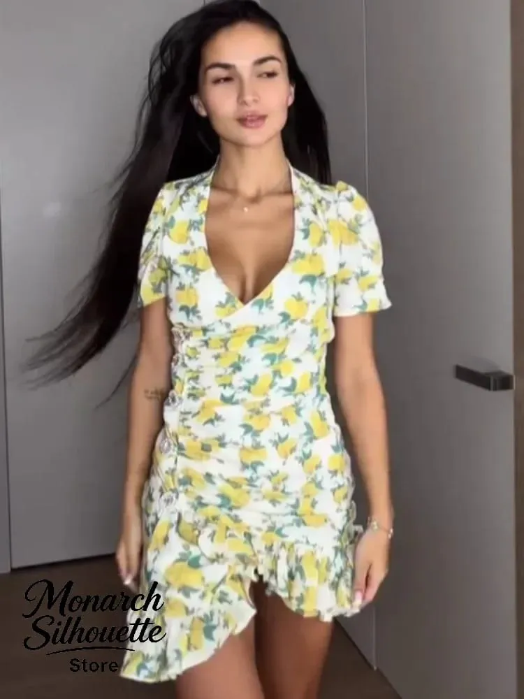 Chic flæseprint Slank kort kjole Kvinder Chic Patchwork Udvidede ærmer V-hals plisserede kjoler 2026 Lady Summer Casual Vestidos