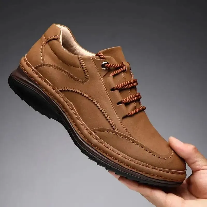 Men Handmade Stitching Cowhide Shoes Casual Lace Up Walking Footwear Comfort Non Slip Rubber Sole Breathable Outdoor Daily Shoes — image 2
