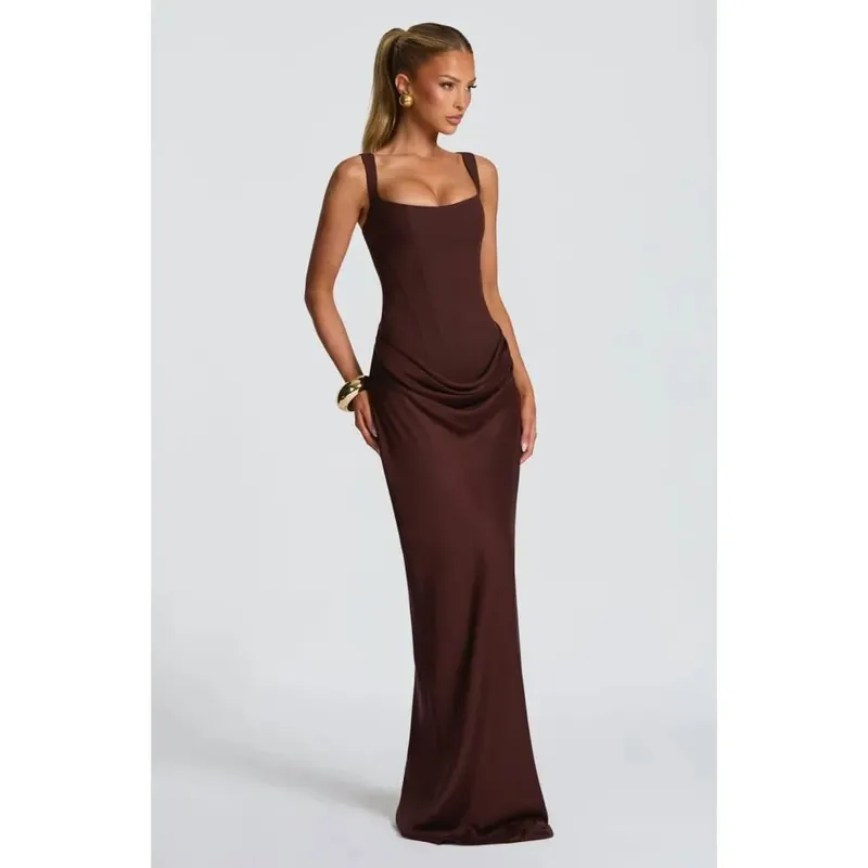 Ladies' formal square neck sleeveless waist cinching design with pleated fish tail long skirt for dinner party slimming dress — image 2
