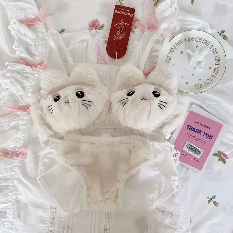 Conjunto de sujetador japonés Kawaii de felpa para mujer, Conjunto de sujetador cómodo con bonito gato para chica, ropa interior de dibujos animados, lencería suave y encantadora para estudiantes