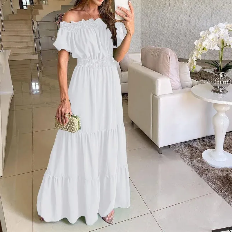 Vestido bohemio liso de verano 2025, vestido elegante a la moda para mujer, vestido de fiesta en la playa informal con cuello oblicuo, vestidos Maxi de oficina para mujer, bata para mujer — image 2