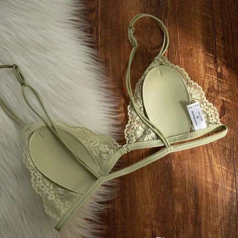 Bra Segitiga Tipis Berenda Seksi Gaya Perancis dengan Kancing Depan Pakaian Dalam Lingerie Nirkabel Cincin Tanpa Baja Wanita Bra Punggung Cantik