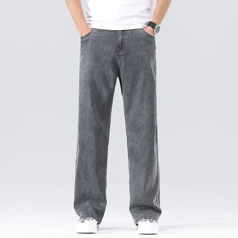 Men's Loose Jeans Summer Fashion Drape Soft Fabric Ultra Thin Pants Wide Legs Ice Silk Lyocell Business Straight Denim Trousers