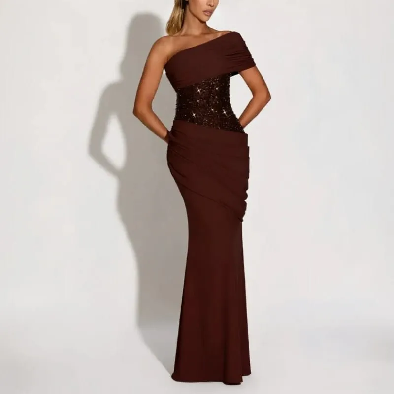 Suninheart หนึ่งไหล่ชุดราตรีผู้หญิง Elegant Draped ชุดเลื่อมยาวกลับ Lace Up Mermaid Maxi Party Dress — image 2