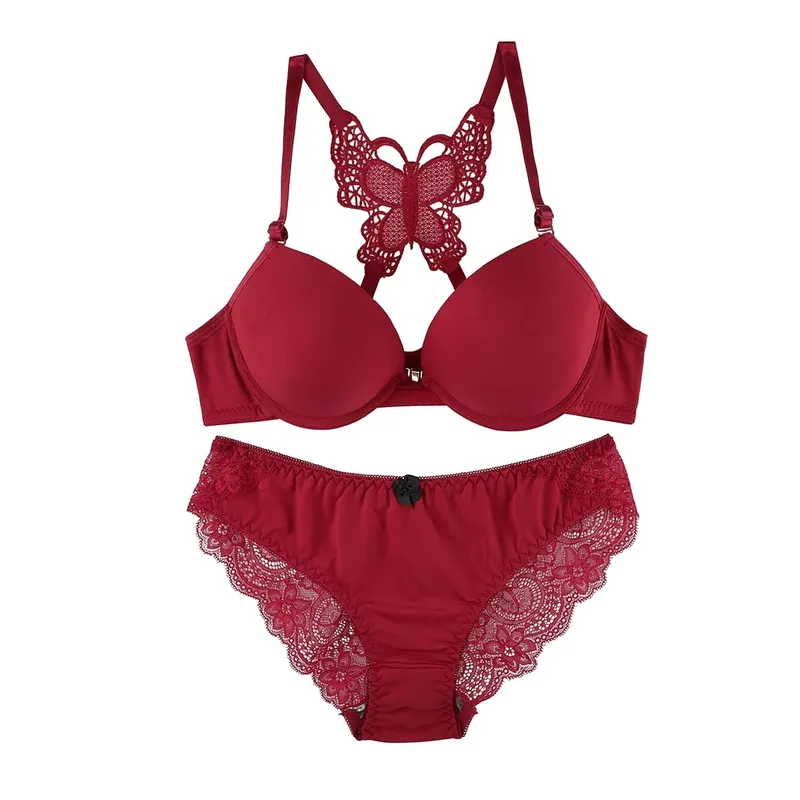 Sexy Red 2 Piece Lingerie Set Front Button Push Up Bra Beautiful Butterfly Back Fashion Women Underwear A2120