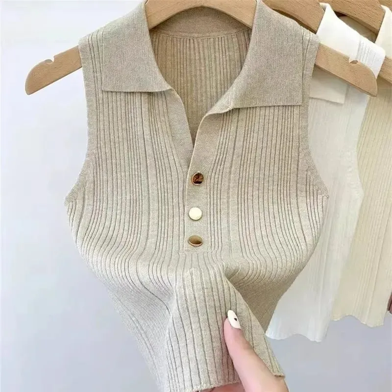 Zjaiss 2026 Spring Summer Slim Versatile Camisole Women's Polo Lapel Tank Tops Vest Ice Silk Knit Sleeveless Tops — image 10
