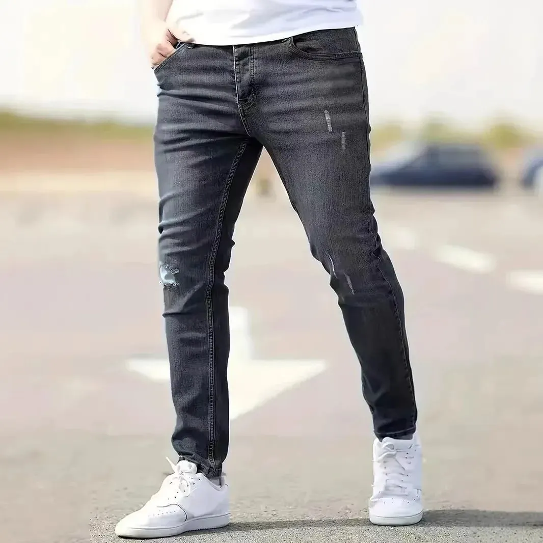2026 New Fashion Men's Skinny Ripped Jeans Mid Waist Stretch Denim Pants Male's Slim Trousers with Pocket Casual Soft Streetwear — image 7