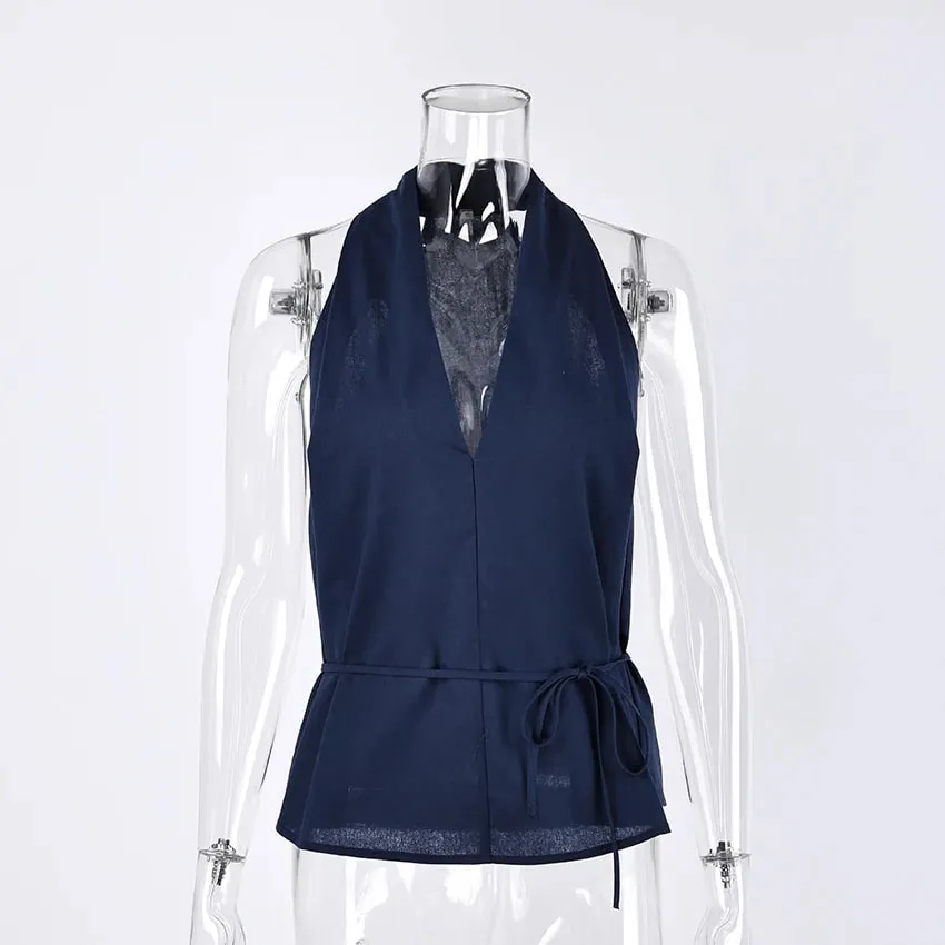 Linad Street Chic Navy Halter Tank Top For Women Fashion Deep V Neck Lace Up Vest Female Spring Casual Sleeveless Tops 2026 — image 6
