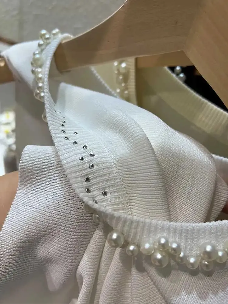 White Women Camisole 2026 New Summer Slim Thin Ice Silk Knit Vest Trendy Beaded Decor O-Neck Sleeveless Tank Top — image 7